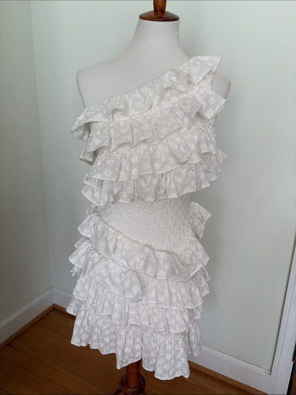 One-Shoulder White Ruffle Tiered Axelia Dress by Sabo Luxe(SABO)